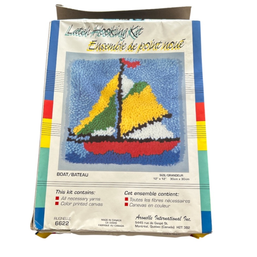 Vintage Latch Hooking Kit With Sailboat Design Including Yarn